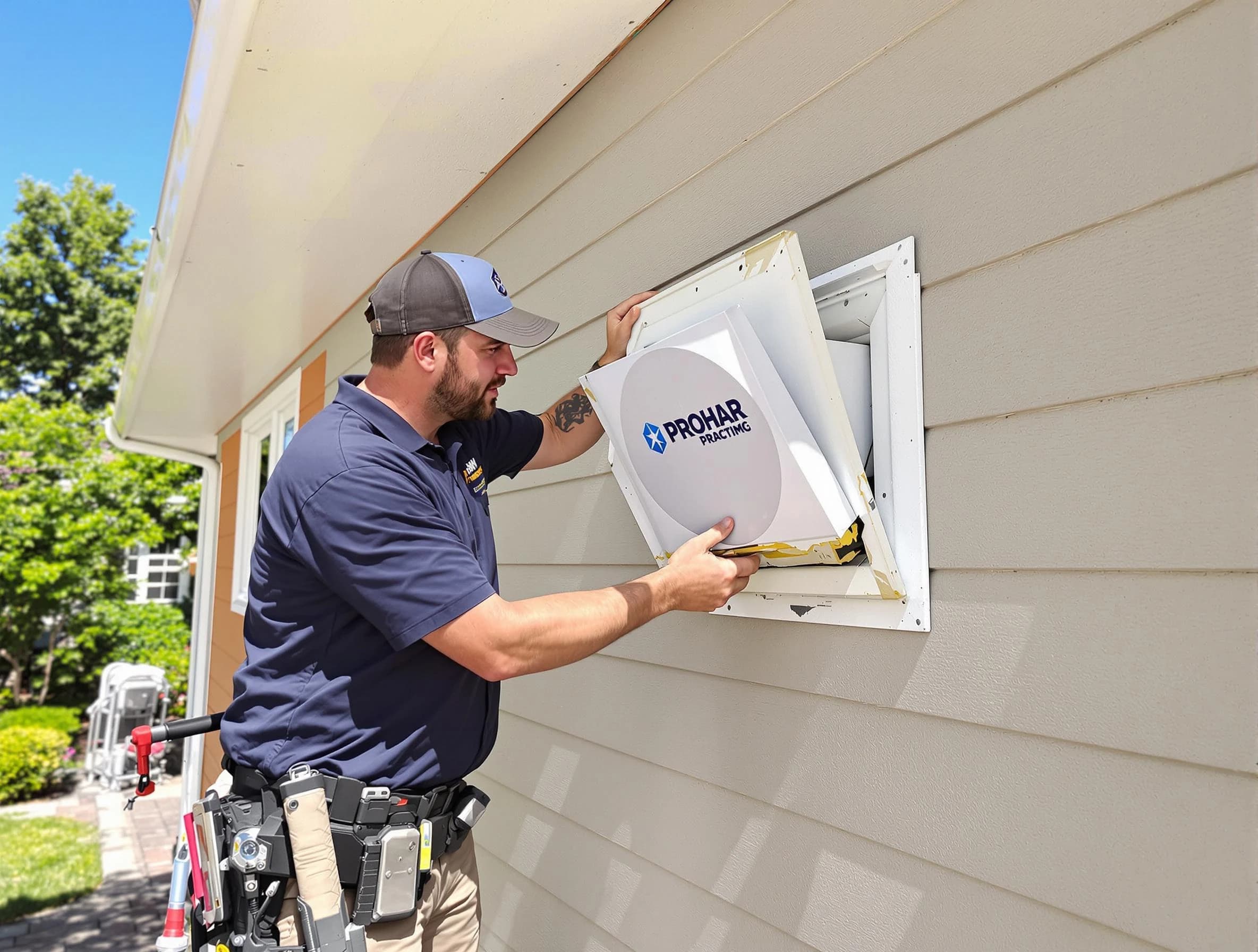 Cambridge Dryer Vent Cleaning technician installing a new protective dryer vent cover on a home in Cambridge