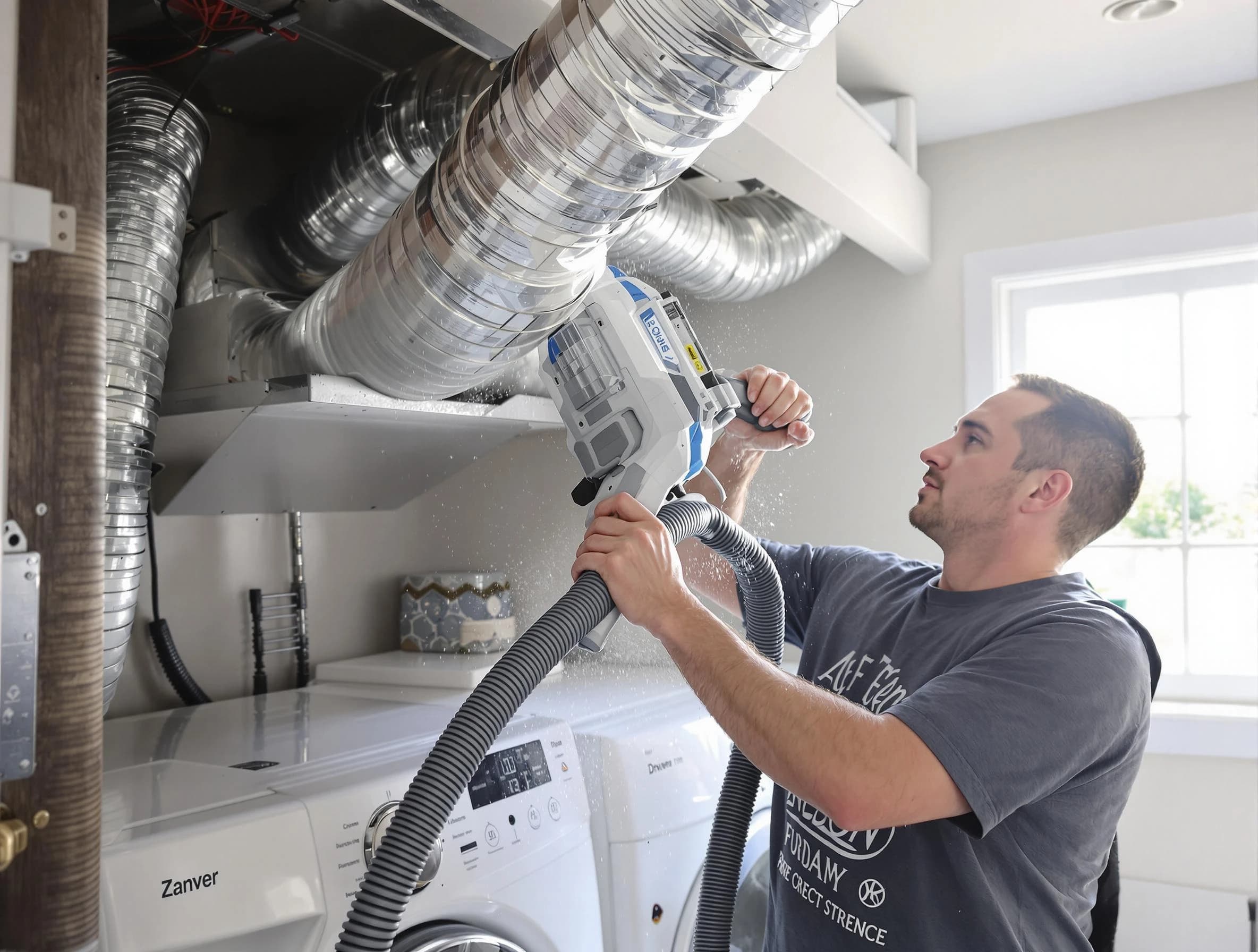 Cambridge Dryer Vent Cleaning specialist cleaning deep within a dryer vent duct system in Cambridge