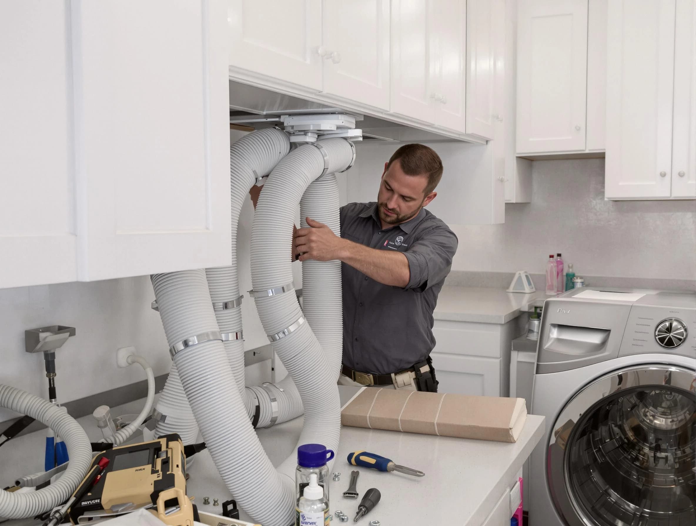 Cambridge Dryer Vent Cleaning technician installing a new professional-grade dryer vent hose in Cambridge