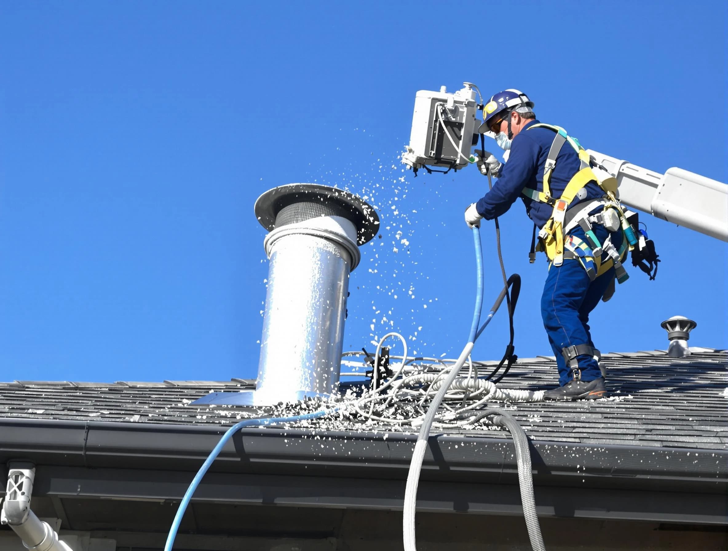 Cambridge Dryer Vent Cleaning certified technician safely cleaning a roof-mounted dryer vent in Cambridge